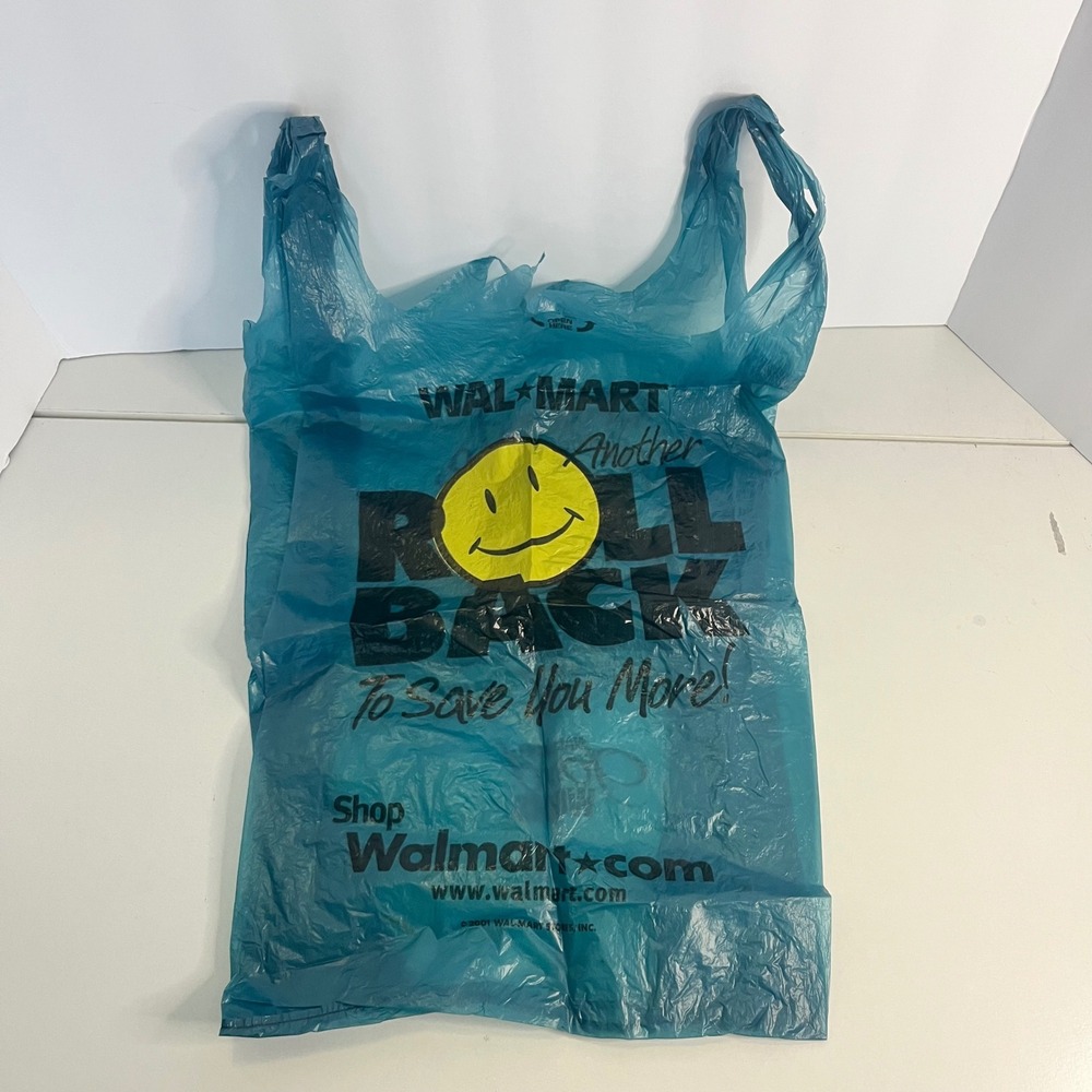 Vintage 2001 Walmart Rollback Smiley Face Blue Plastic Shopping Bag Y2K Retro